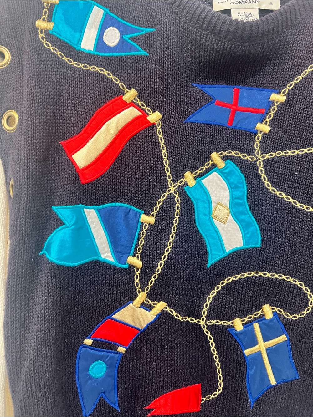 Nautical Flag Embroidered Knit Sweater - Navy